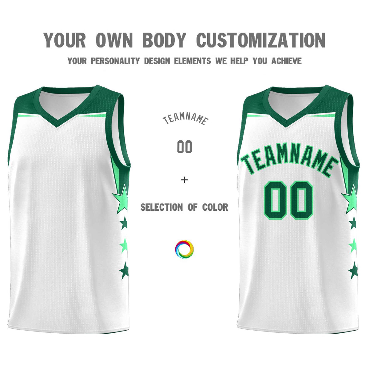 Custom Youth Basketball Uniform White Kelly Green Two Tone Side Star Add Name Number &amp; Logo