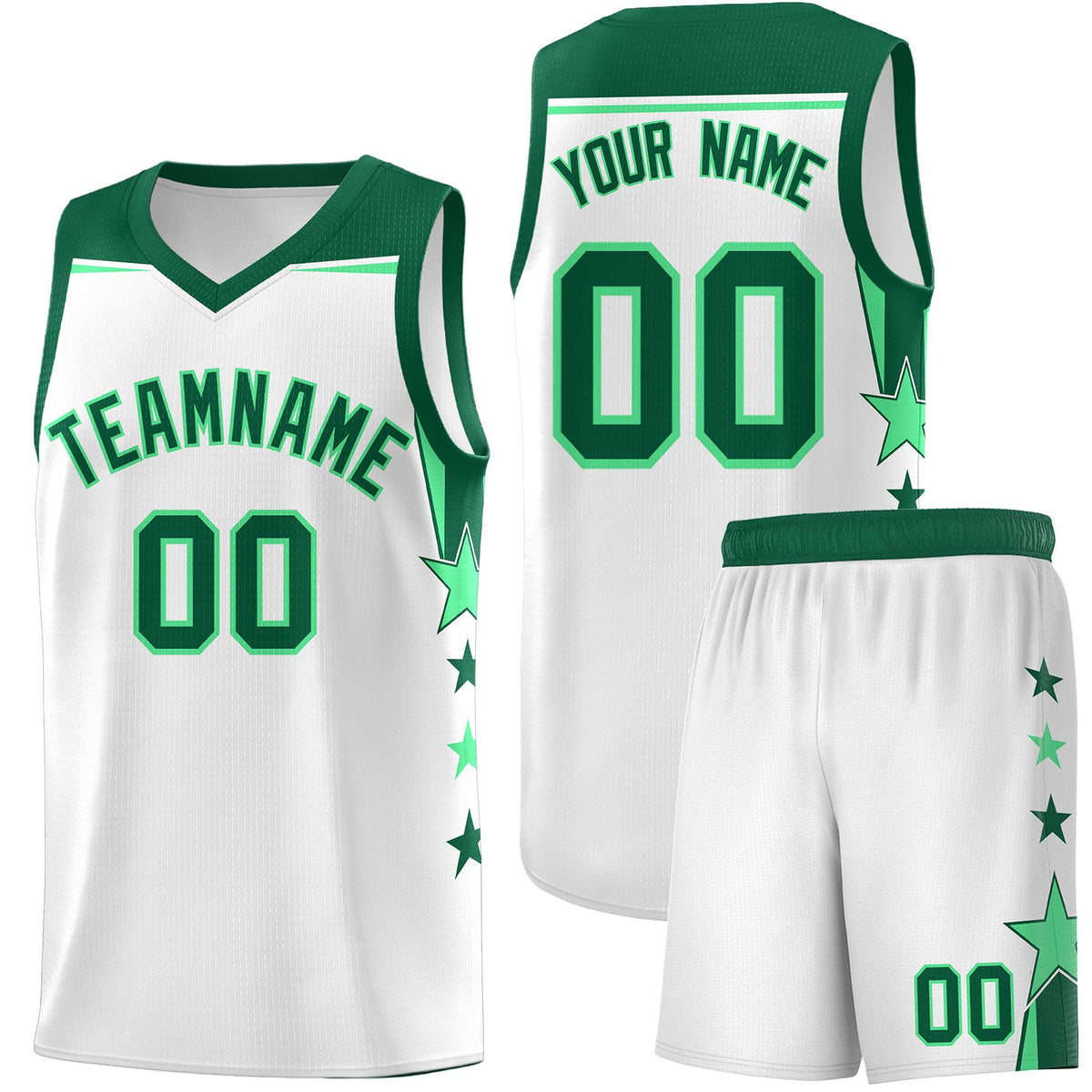 Custom Youth Basketball Uniform White Kelly Green Two Tone Side Star Add Name Number &amp; Logo