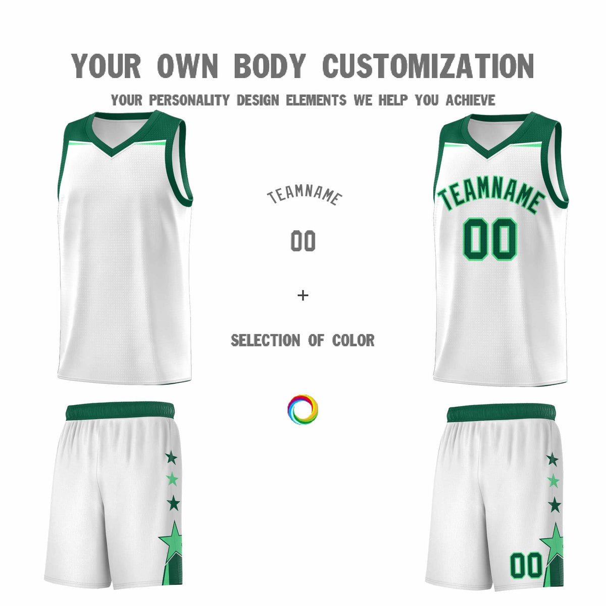 Custom Youth Basketball Uniform White Kelly Green Two Tone Side Star Add Name Number &amp; Logo