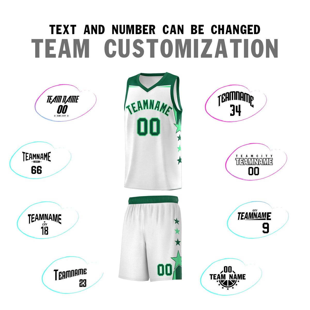Custom Youth Basketball Uniform White Kelly Green Two Tone Side Star Add Name Number &amp; Logo