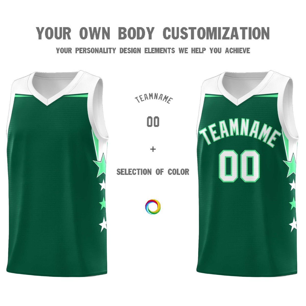 Custom Youth Basketball Uniform Kelly Green White Two Tone Side Star Personalized Team Jersey