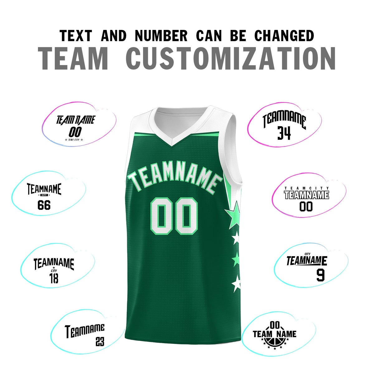 Custom Youth Basketball Uniform Kelly Green White Two Tone Side Star Personalized Team Jersey
