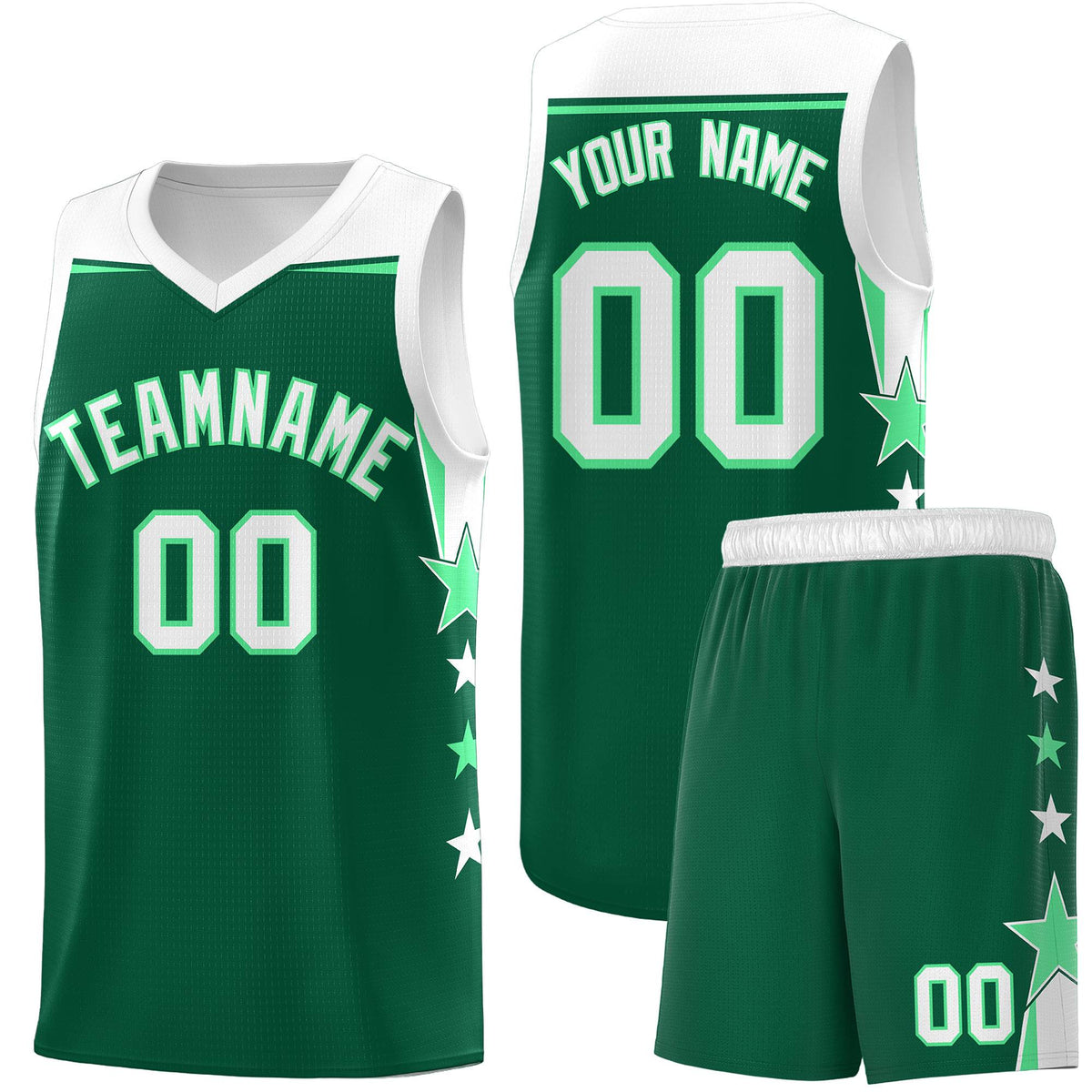 Custom Youth Basketball Uniform Kelly Green White Two Tone Side Star Personalized Team Jersey