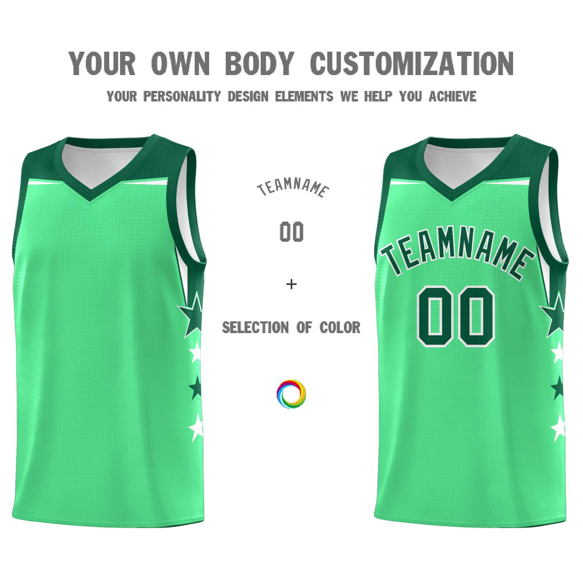 Custom Youth Basketball Uniform Green Kelly Green Two Tone Side Star Color Block Team Jersey