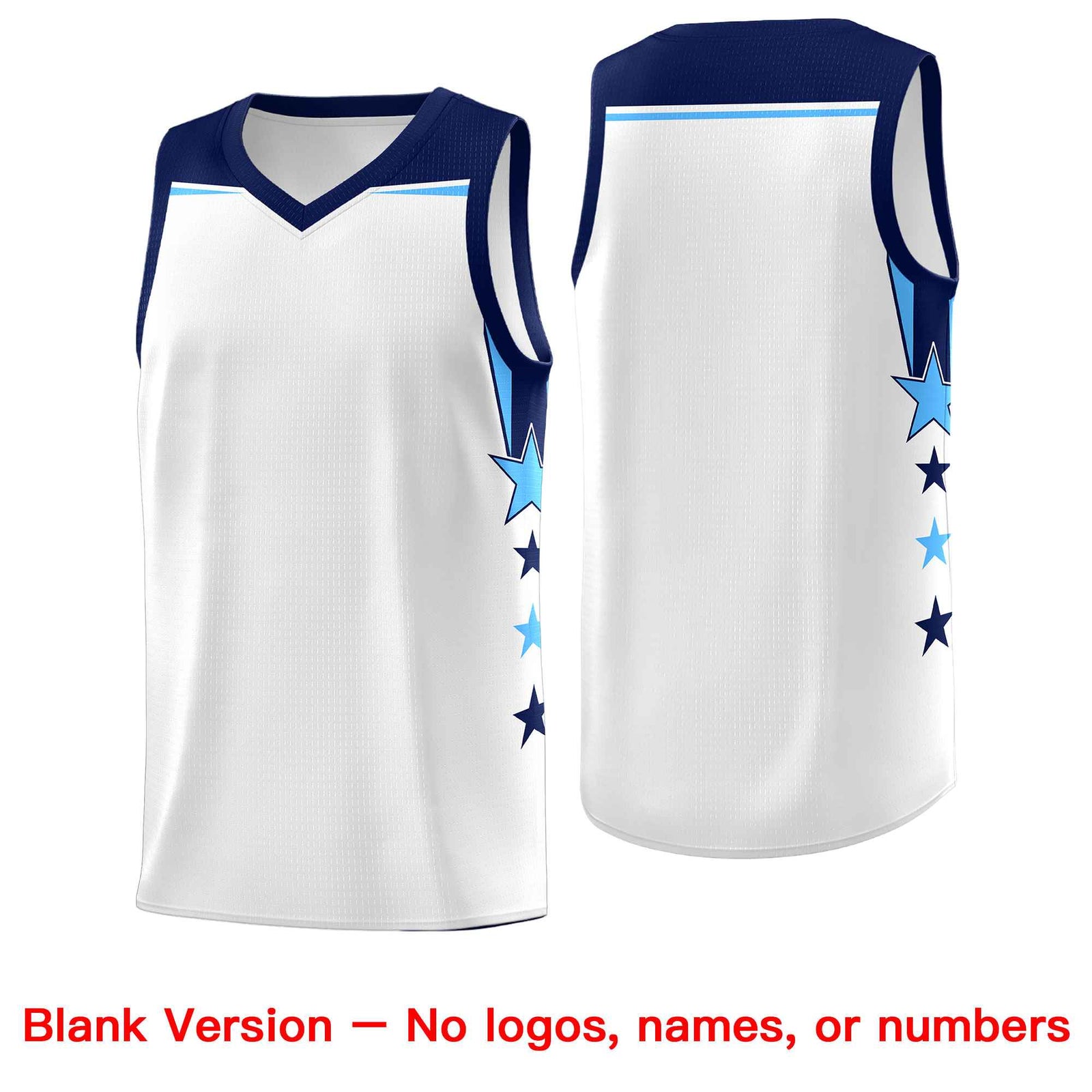 Custom Youth Basketball Uniform White Navy Two Tone Side Star Add Name Number & Logo