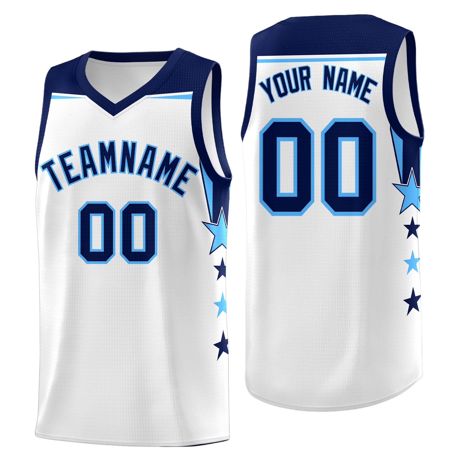 Custom Youth Basketball Uniform White Navy Two Tone Side Star Add Name Number & Logo
