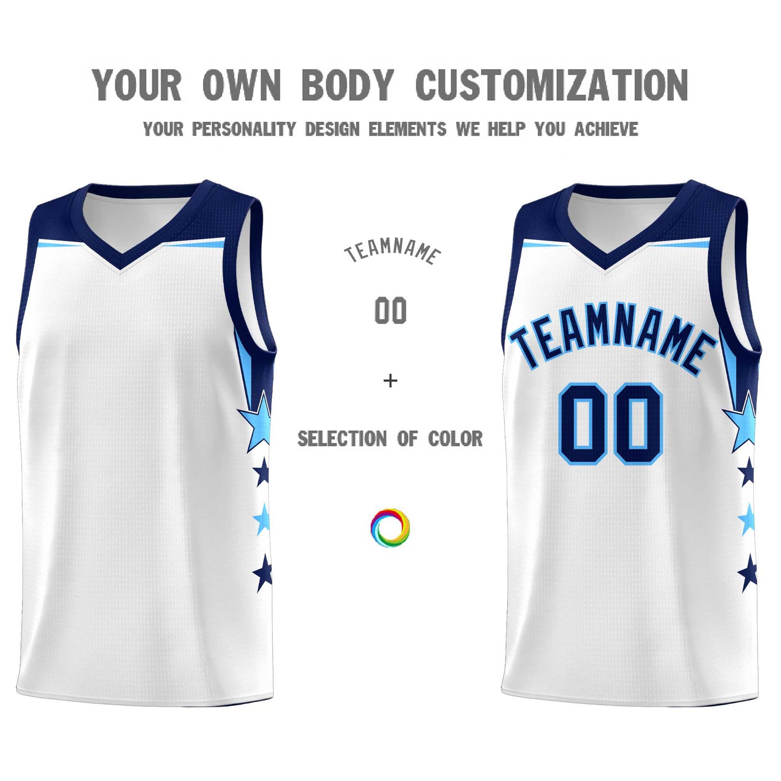 Custom Youth Basketball Uniform White Navy Two Tone Side Star Add Name Number & Logo