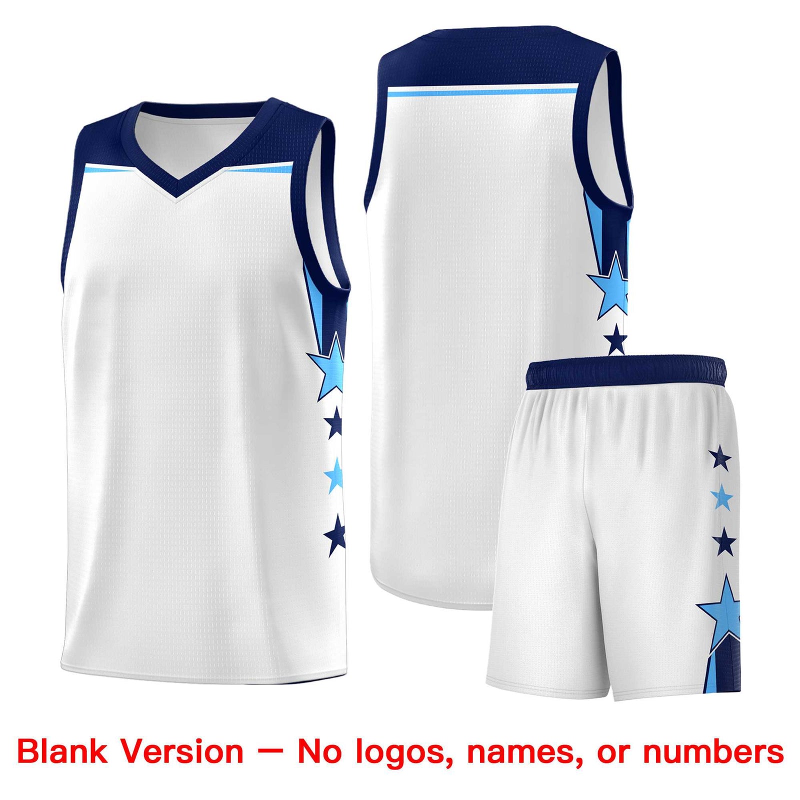 Custom Youth Basketball Uniform White Navy Two Tone Side Star Add Name Number & Logo