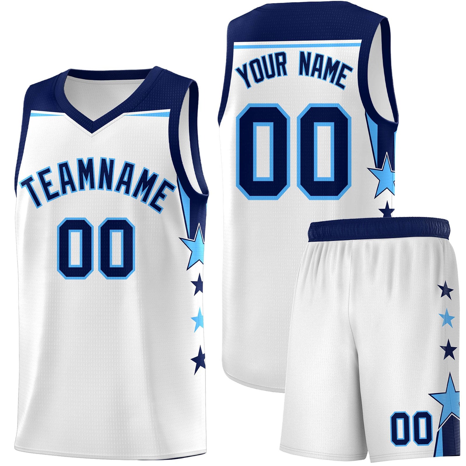 Custom Youth Basketball Uniform White Navy Two Tone Side Star Add Name Number & Logo