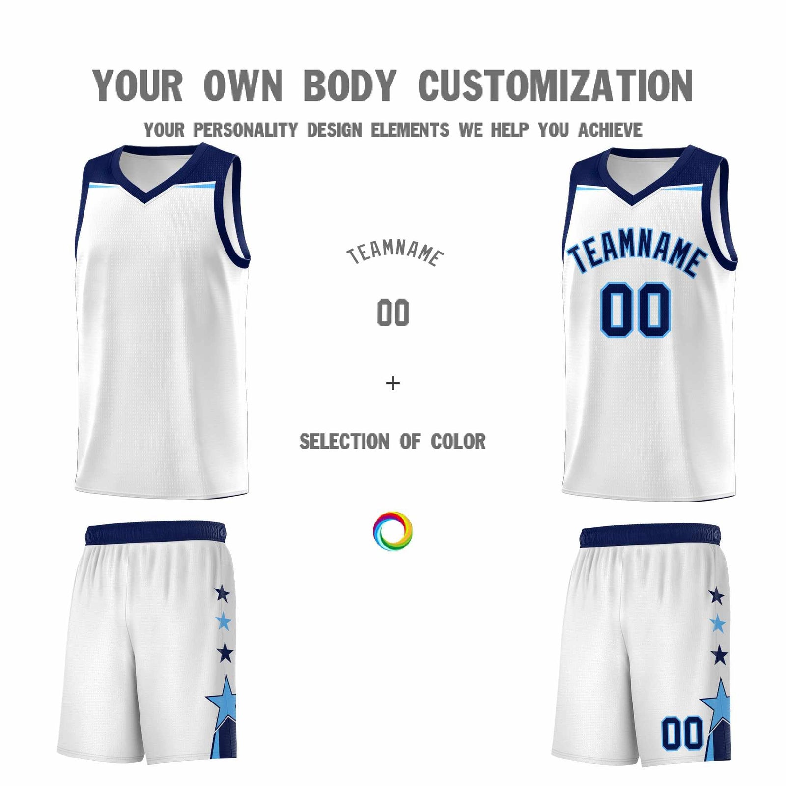 Custom Youth Basketball Uniform White Navy Two Tone Side Star Add Name Number & Logo