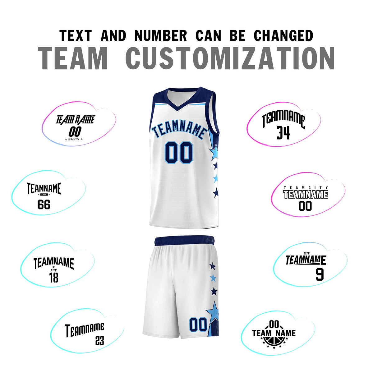 Custom Youth Basketball Uniform White Navy Two Tone Side Star Add Name Number &amp; Logo