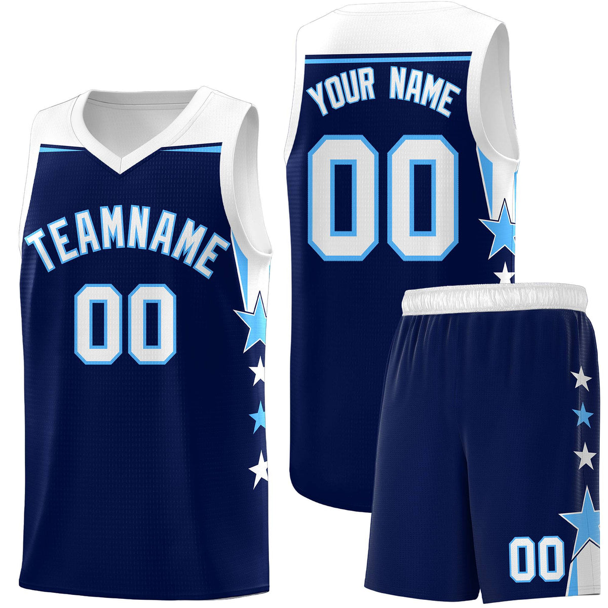 Custom Youth Basketball Uniform Navy White Two Tone Side Star Personalized Team Jersey