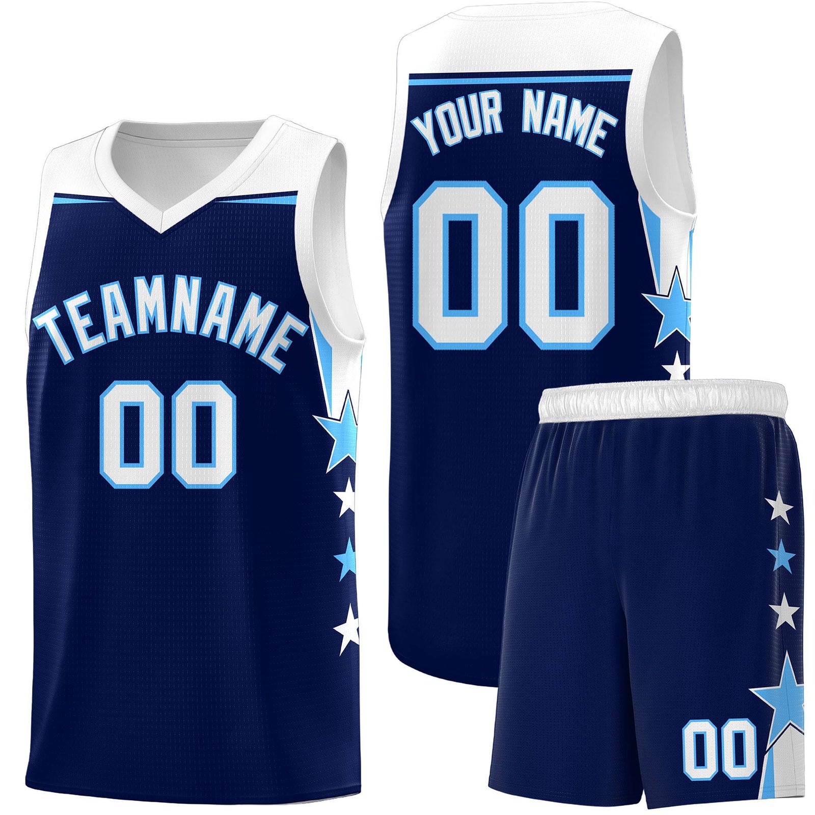 Custom Youth Basketball Uniform Navy White Two Tone Side Star Personalized Team Jersey