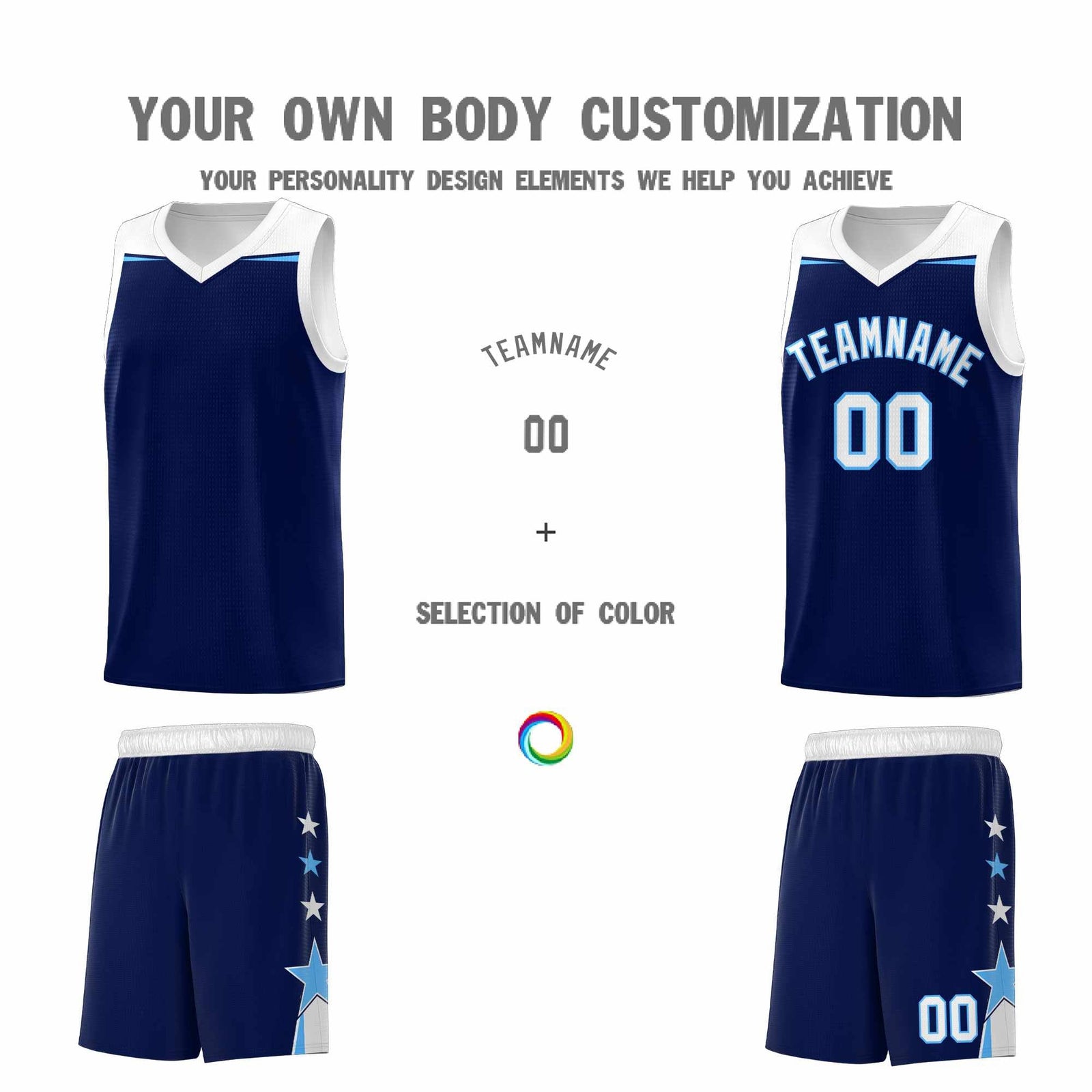 Custom Youth Basketball Uniform Navy White Two Tone Side Star Personalized Team Jersey