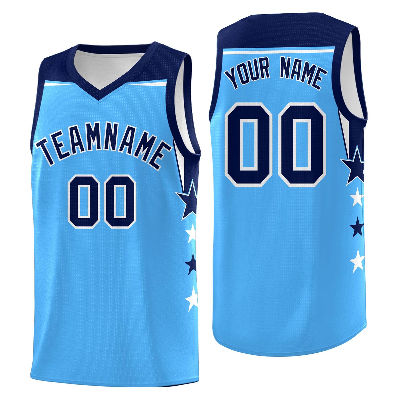 Custom Youth Basketball Uniform Powder Blue Navy Two Tone Side Star Color Block Team Jersey