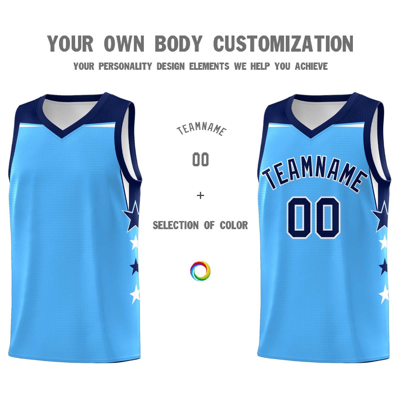 Custom Youth Basketball Uniform Powder Blue Navy Two Tone Side Star Color Block Team Jersey