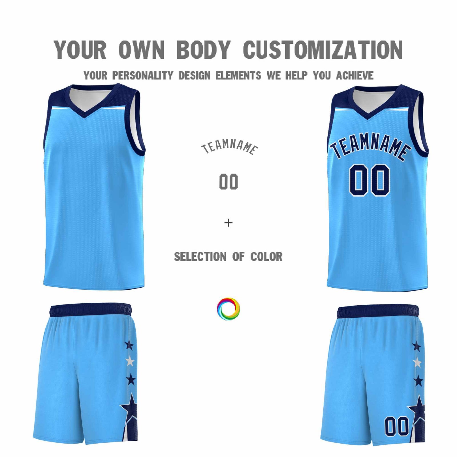 Custom Youth Basketball Uniform Powder Blue Navy Two Tone Side Star Color Block Team Jersey