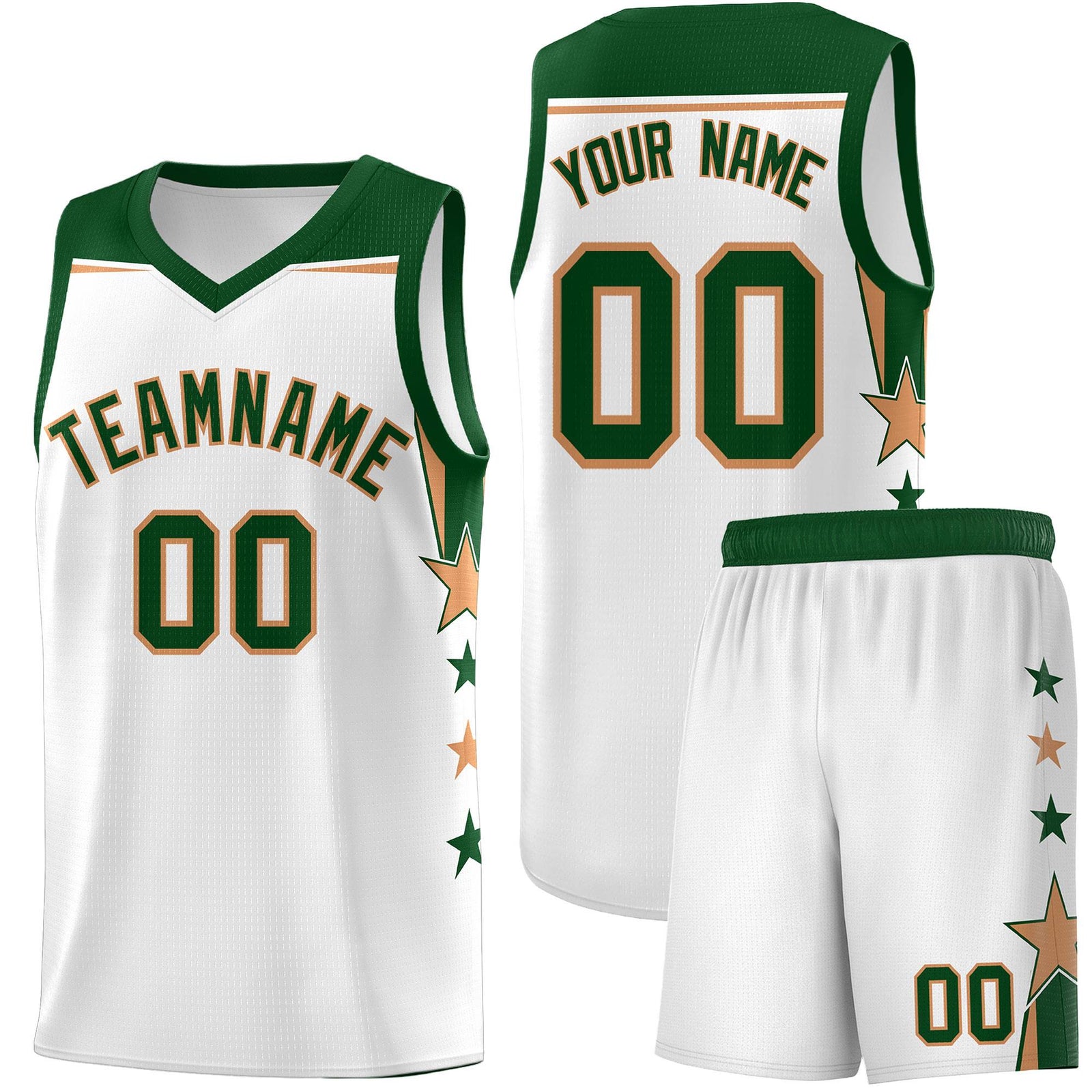 Custom Youth Basketball Uniform White Green Two Tone Side Star Add Name Number & Logo
