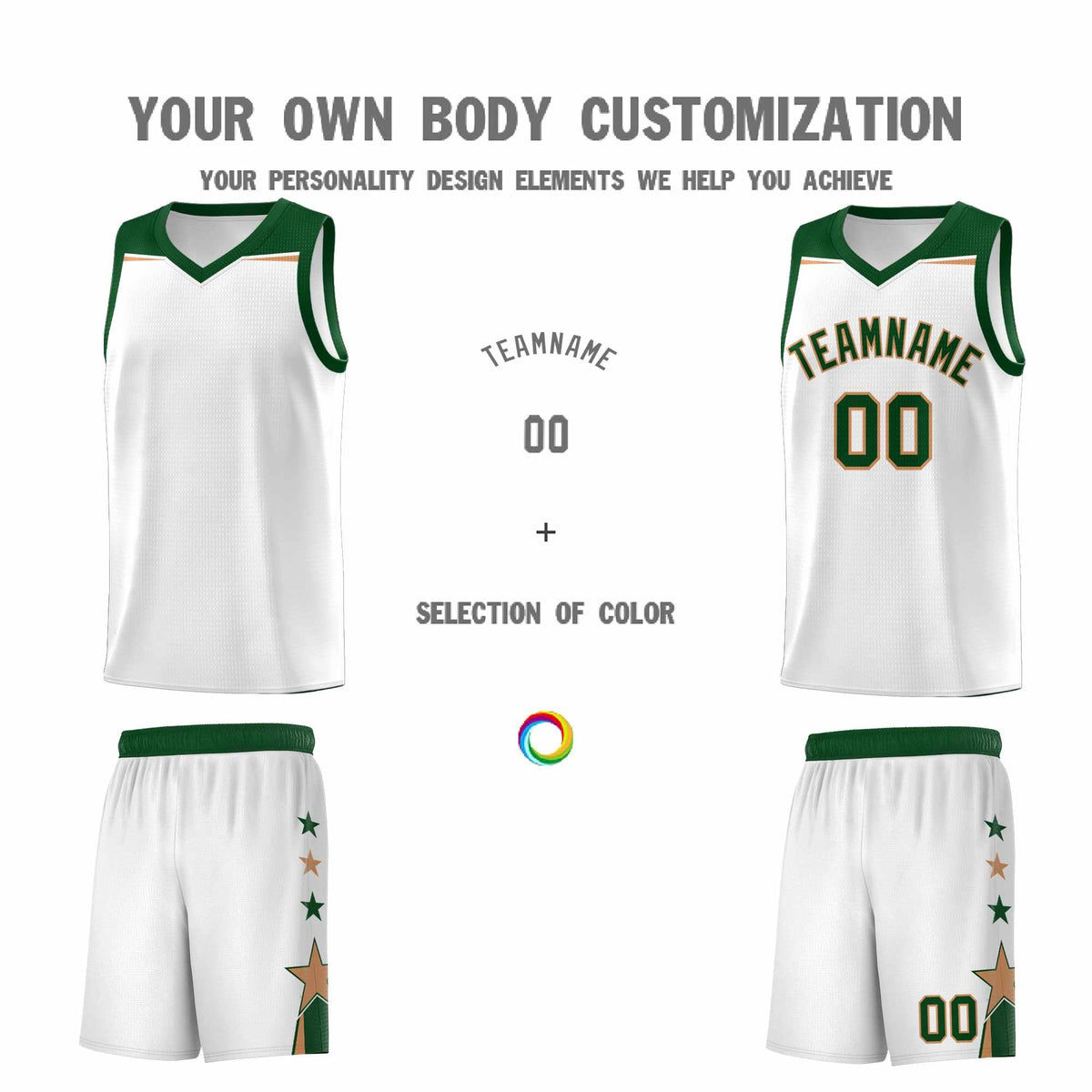 Custom Youth Basketball Uniform White Green Two Tone Side Star Add Name Number &amp; Logo