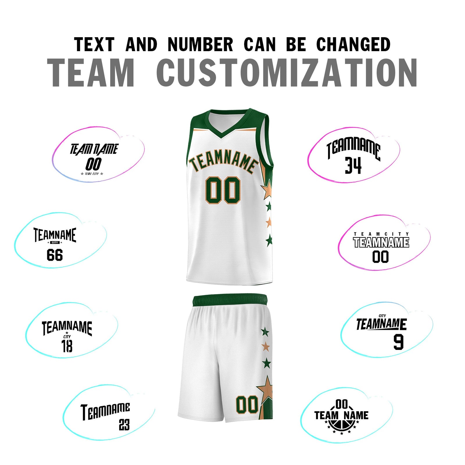 Custom Youth Basketball Uniform White Green Two Tone Side Star Add Name Number & Logo