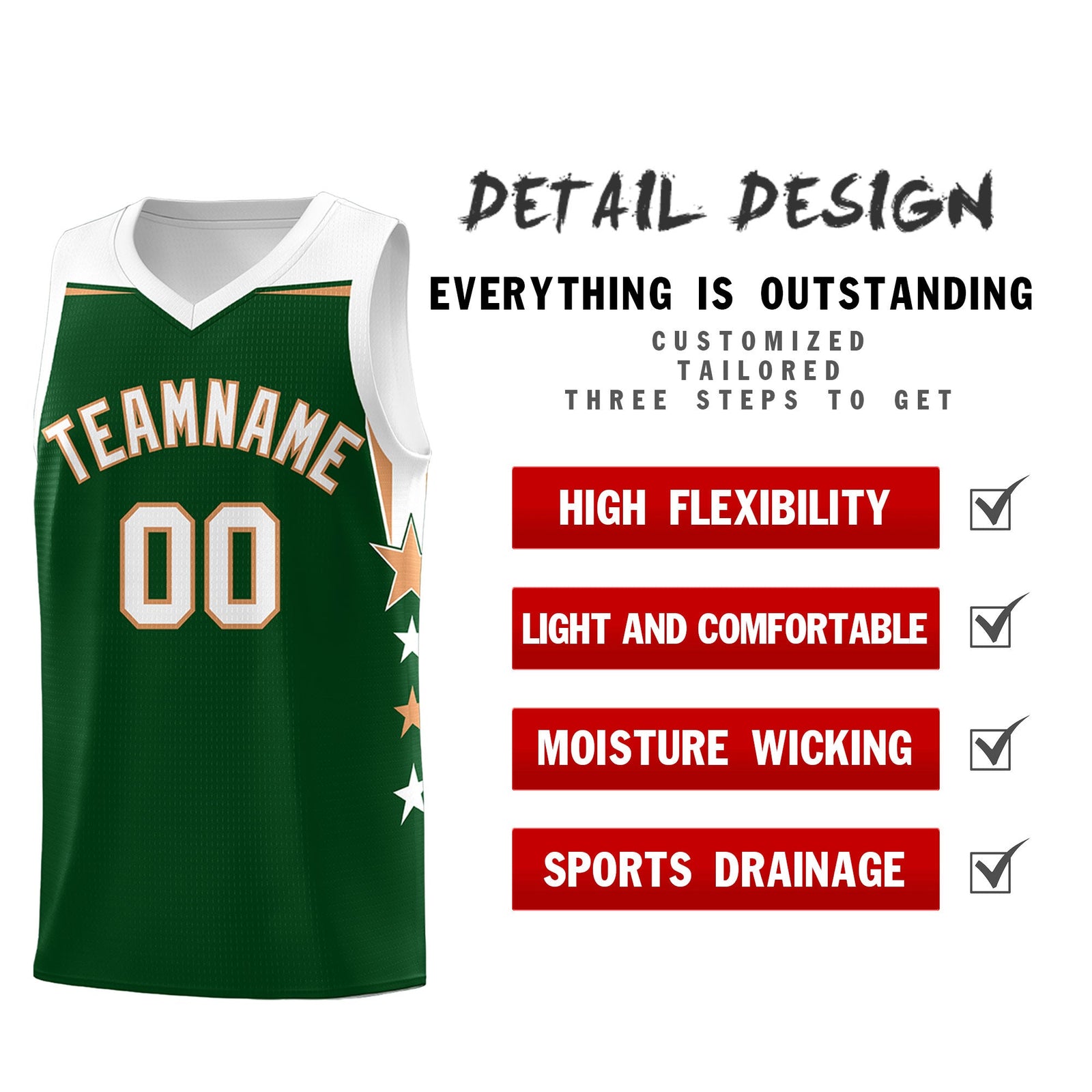 Custom Youth Basketball Uniform Green White Two Tone Side Star Personalized Team Jersey
