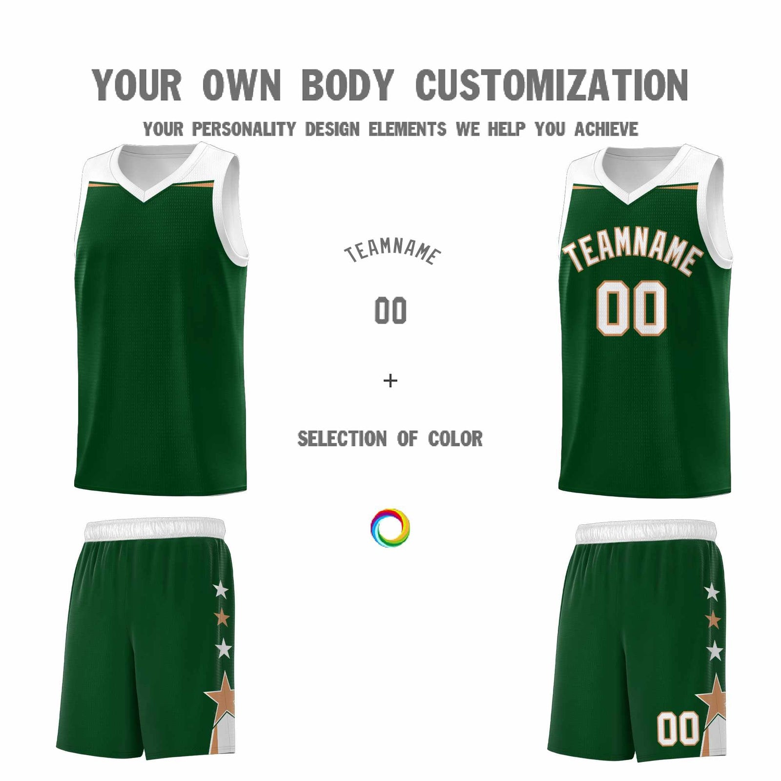 Custom Youth Basketball Uniform Green White Two Tone Side Star Personalized Team Jersey