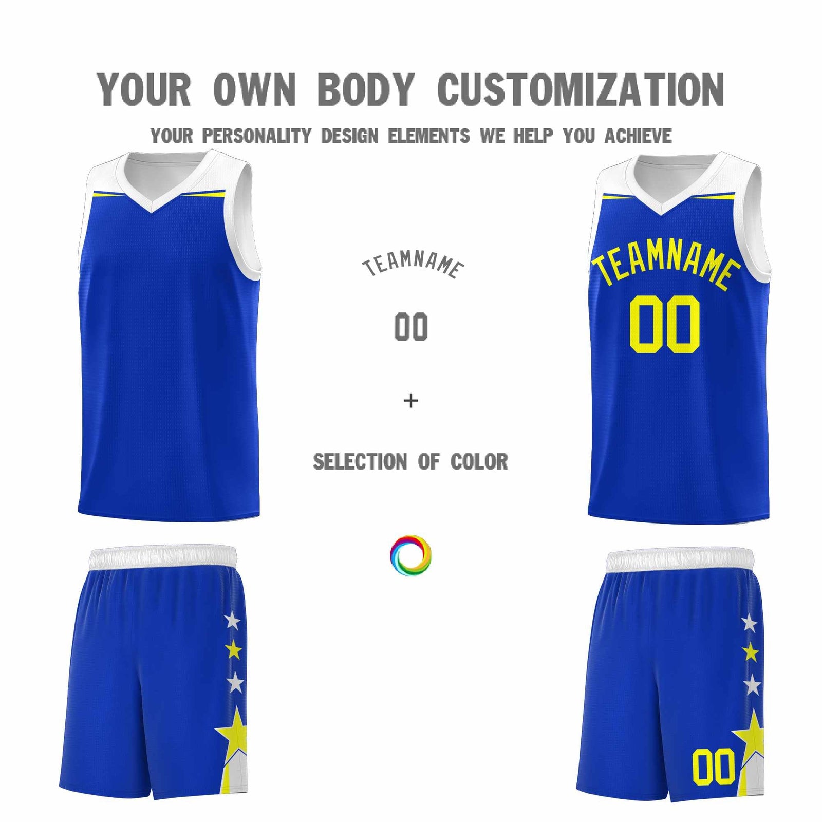 Custom Youth Basketball Uniform Royal White Two Tone Side Star Personalized Team Jersey
