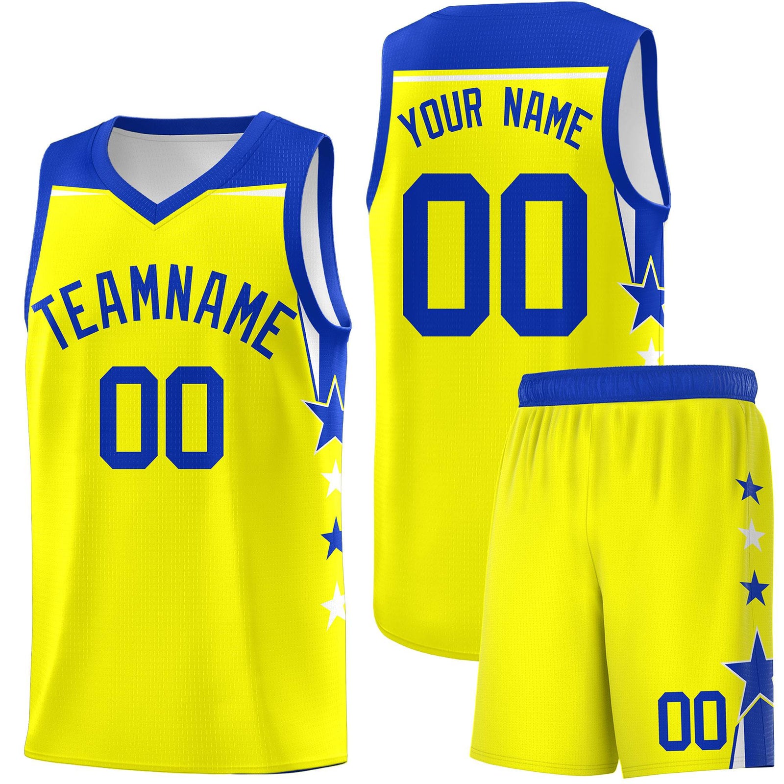 Custom Youth Basketball Uniform Fluorescent Yellow Royal Two Tone Side Star Color Block Team Jersey