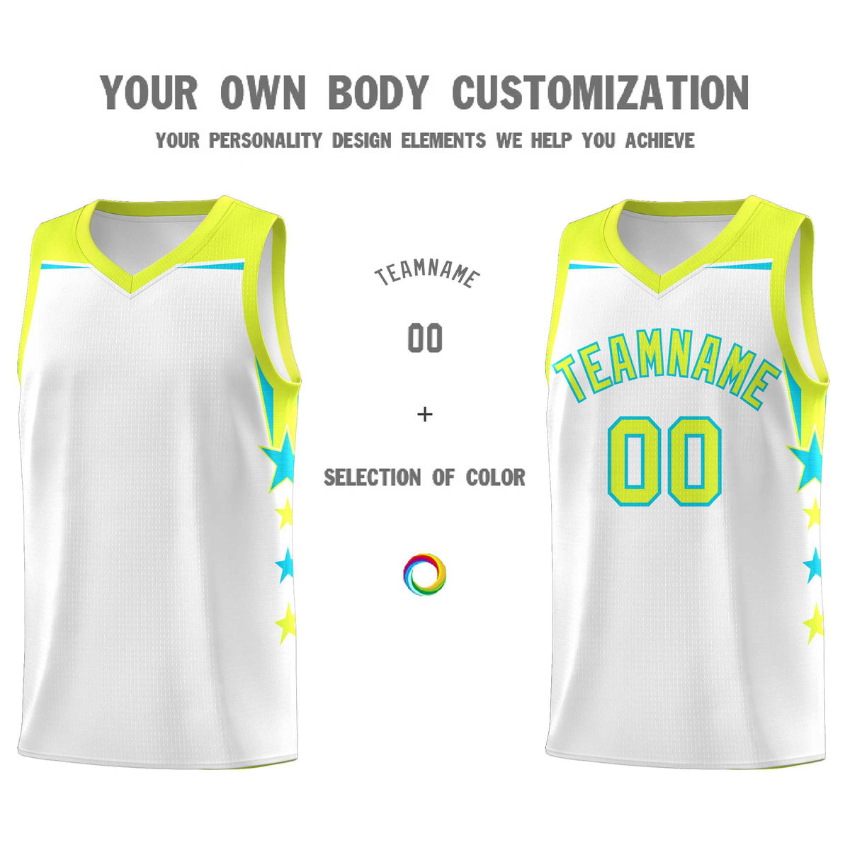 Custom Youth Basketball Uniform White Fluorescent Green Two Tone Side Star Add Name Number &amp; Logo