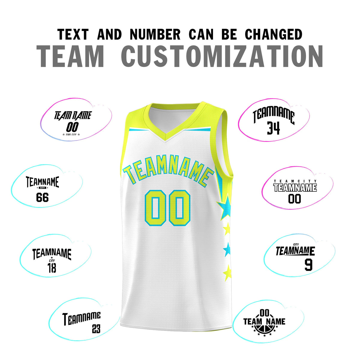 Custom Youth Basketball Uniform White Fluorescent Green Two Tone Side Star Add Name Number &amp; Logo