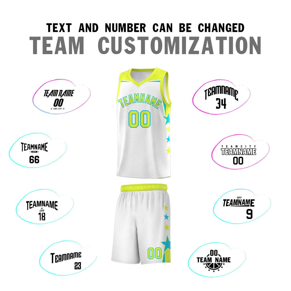 Custom Youth Basketball Uniform White Fluorescent Green Two Tone Side Star Add Name Number &amp; Logo