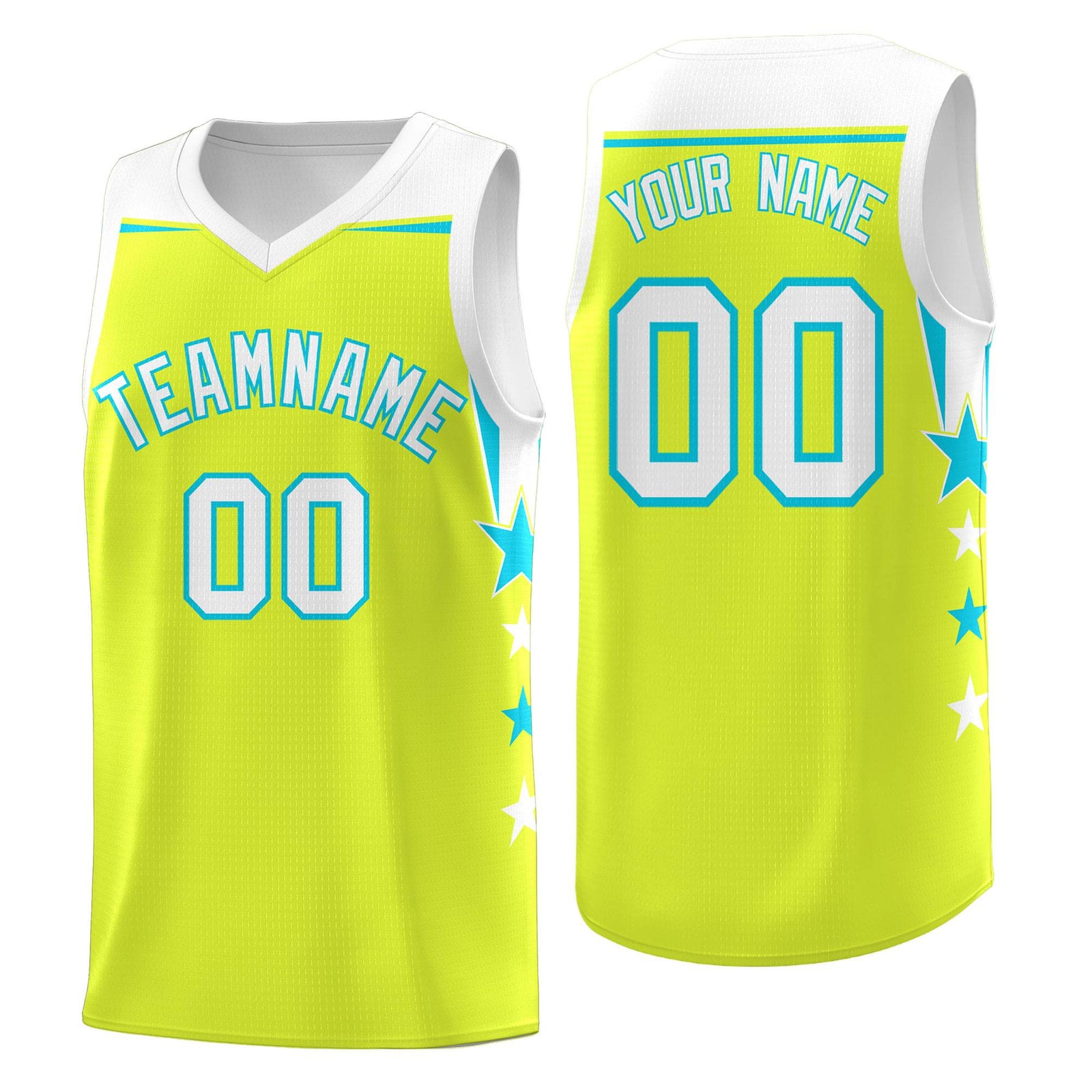Custom Youth Basketball Uniform Fluorescent Green White Two Tone Side Star Personalized Team Jersey