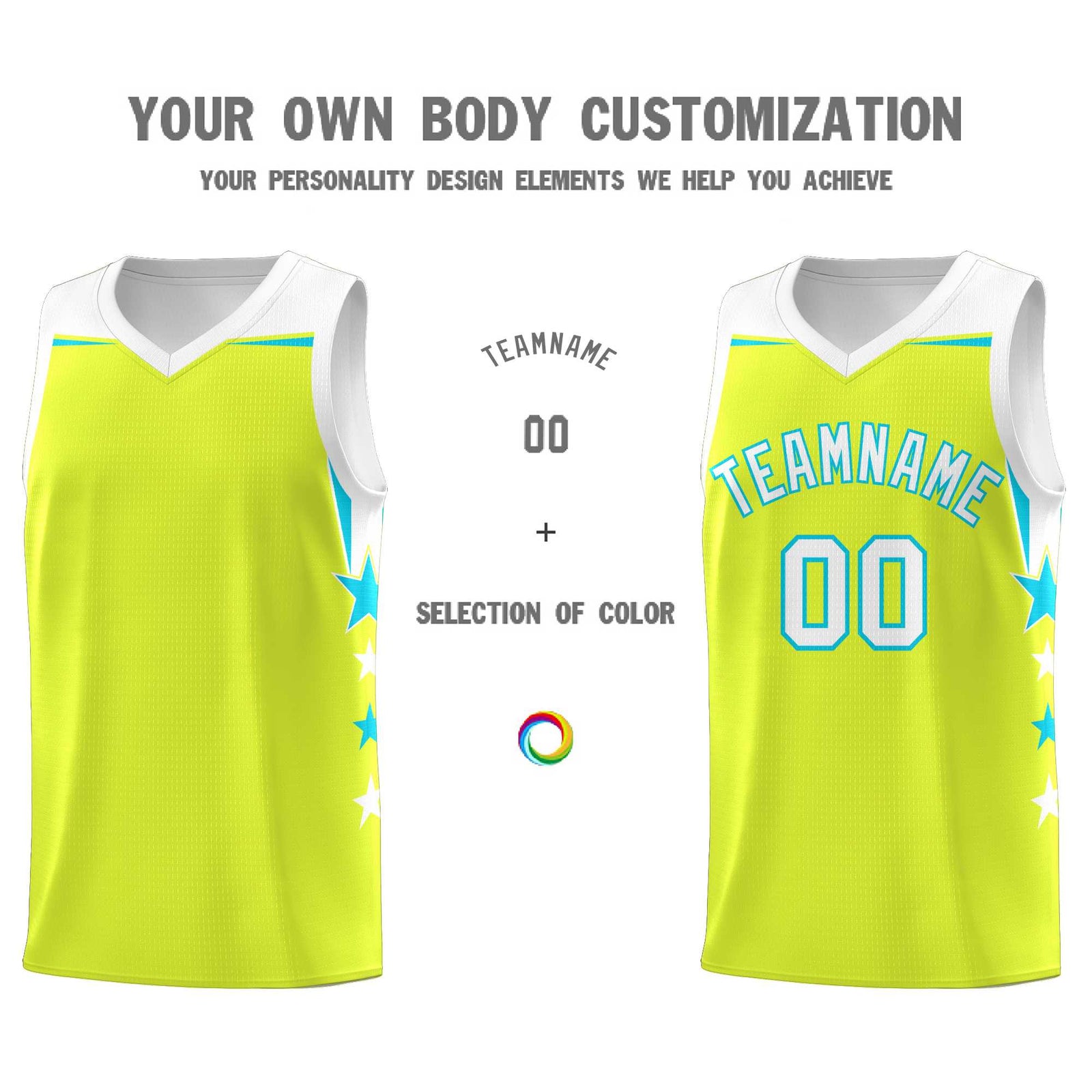 Custom Youth Basketball Uniform Fluorescent Green White Two Tone Side Star Personalized Team Jersey
