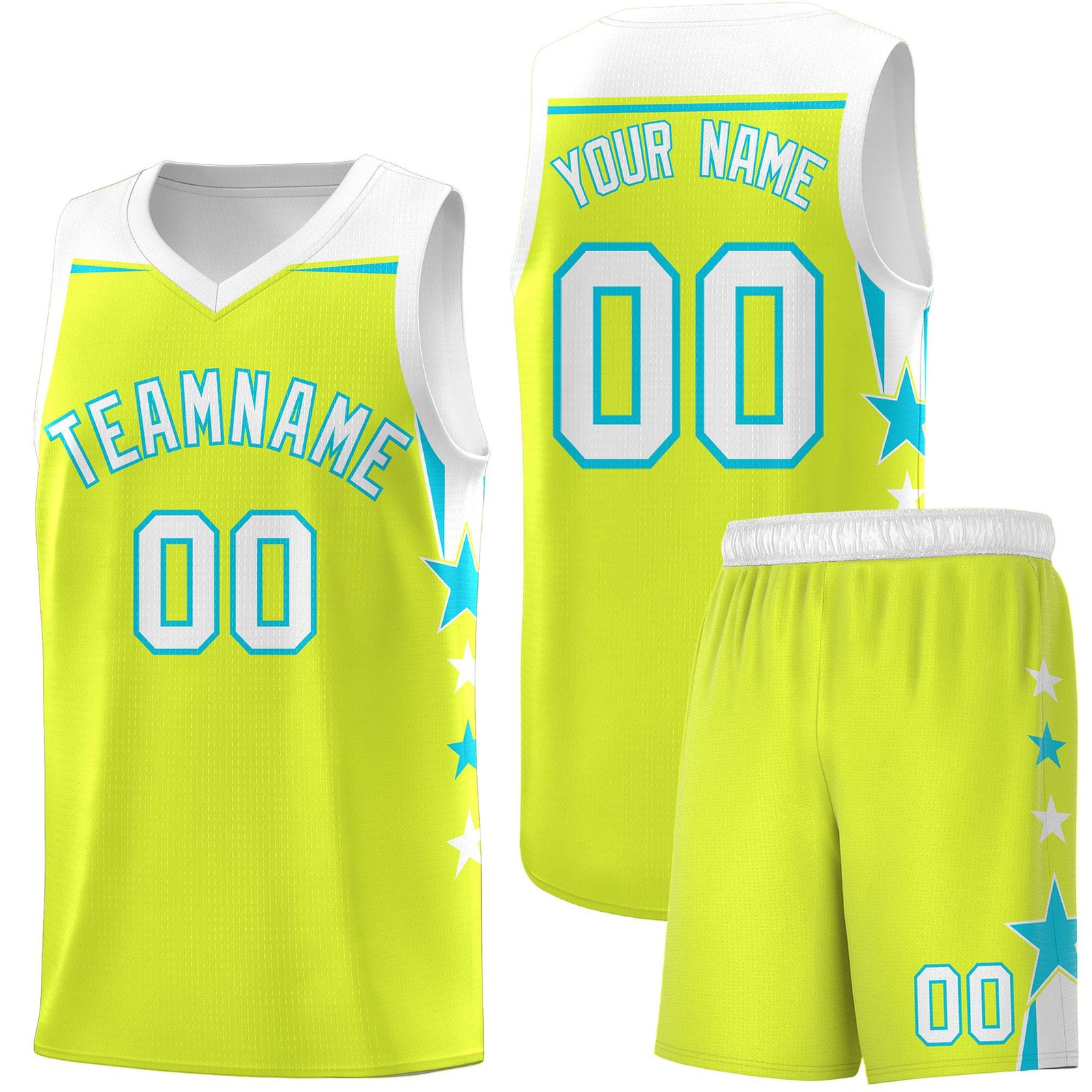Custom Youth Basketball Uniform Fluorescent Green White Two Tone Side Star Personalized Team Jersey