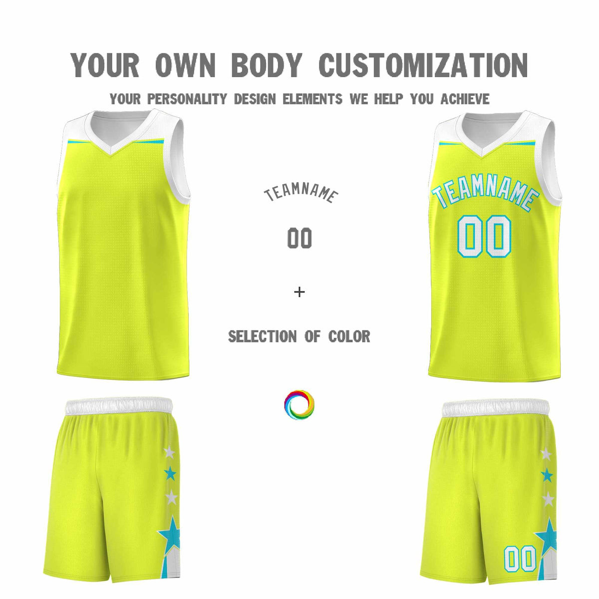 Custom Youth Basketball Uniform Fluorescent Green White Two Tone Side Star Personalized Team Jersey