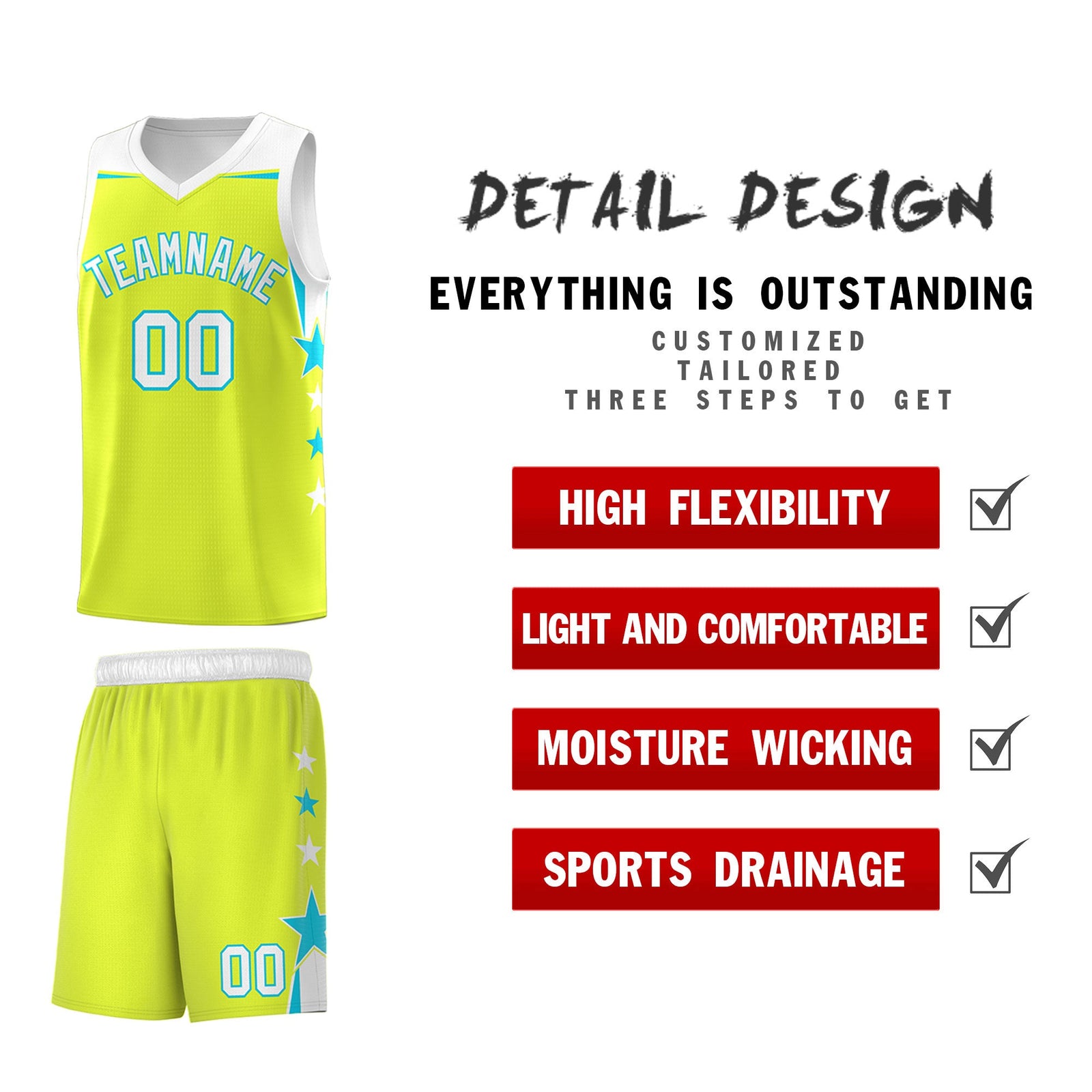 Custom Youth Basketball Uniform Fluorescent Green White Two Tone Side Star Personalized Team Jersey