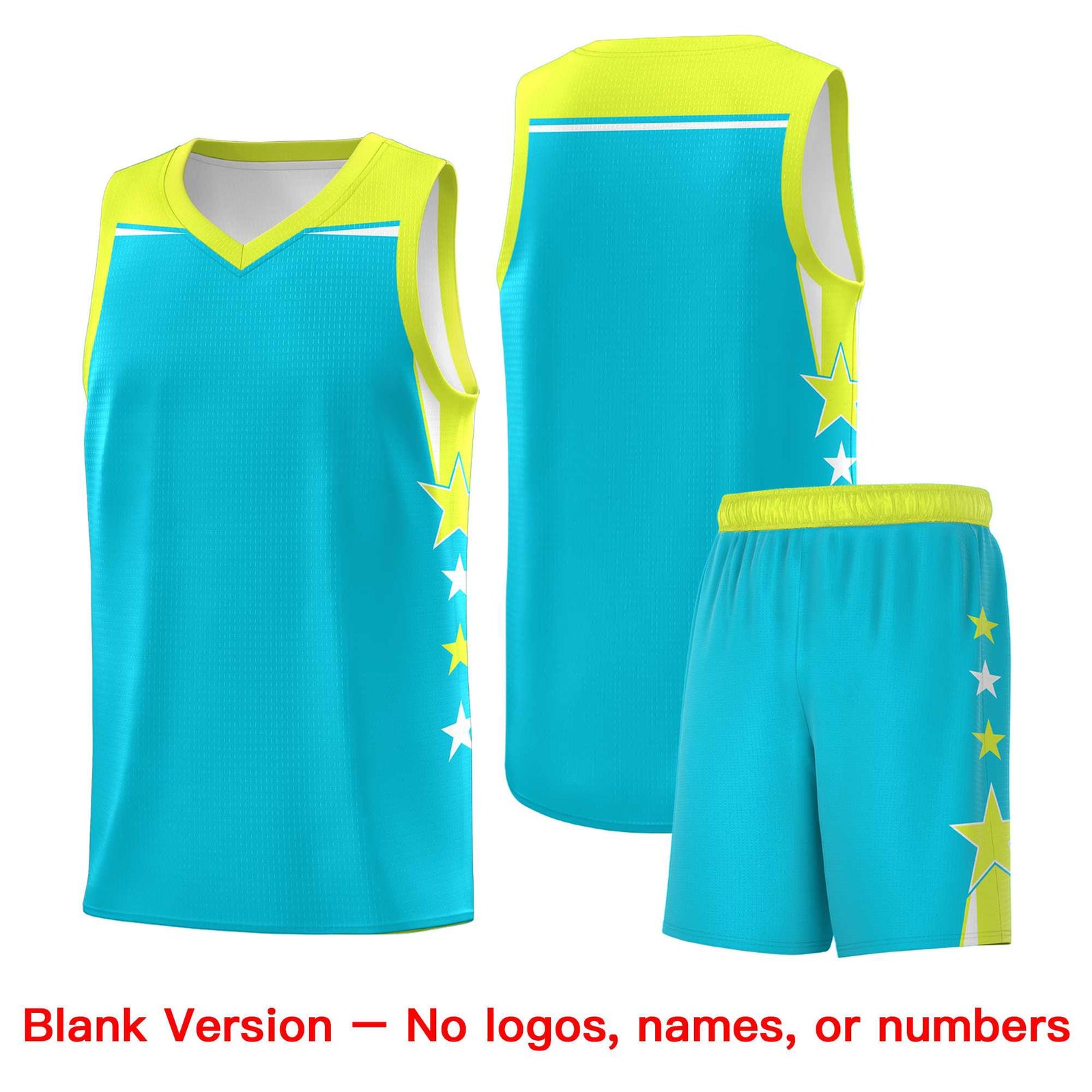 Custom Youth Basketball Uniform Sky Blue Fluorescent Green Two Tone Side Star Color Block Team Jersey
