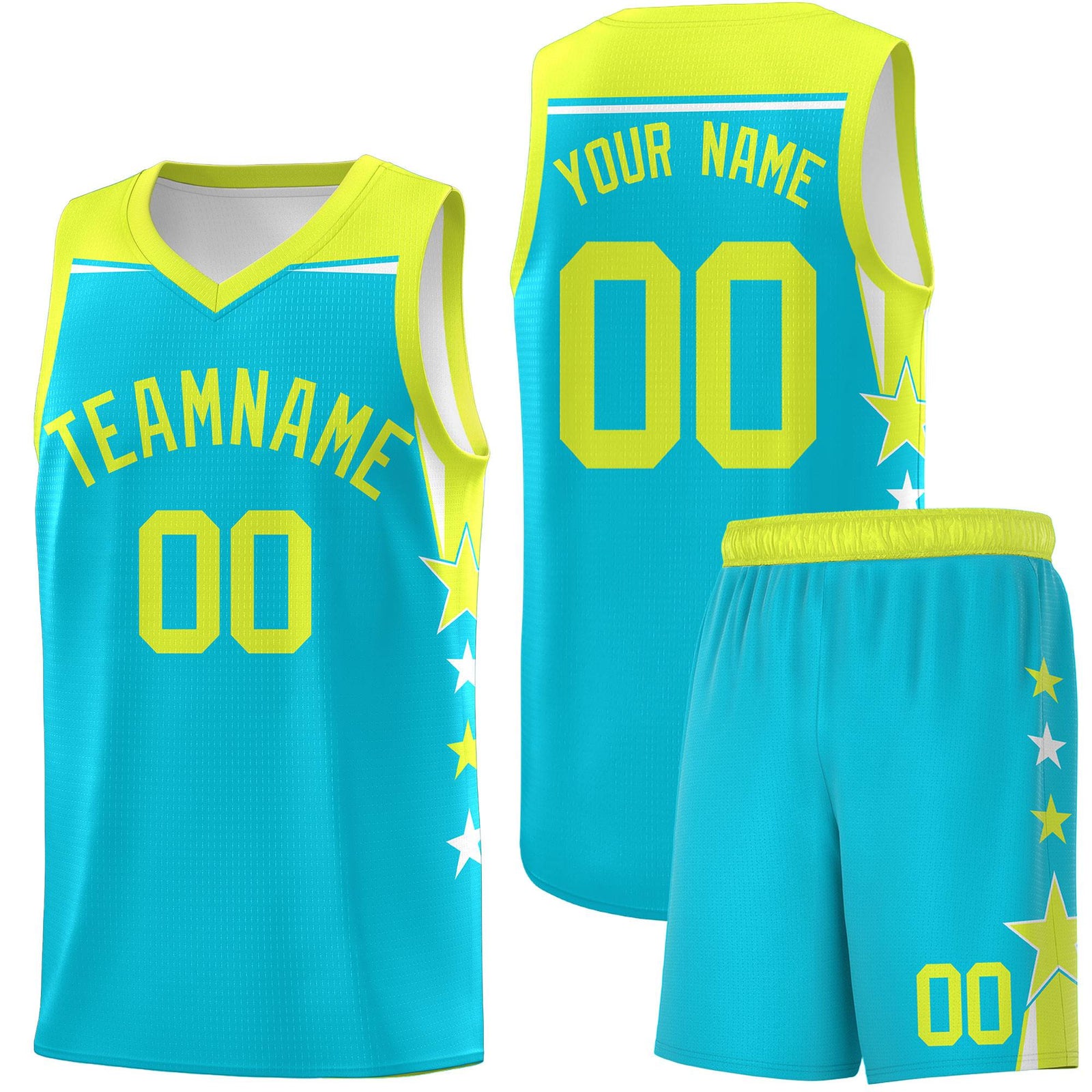 Custom Youth Basketball Uniform Sky Blue Fluorescent Green Two Tone Side Star Color Block Team Jersey