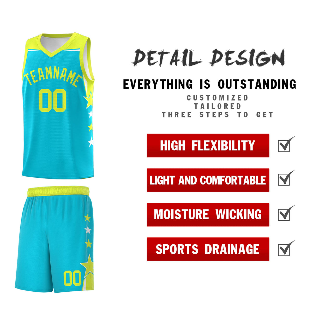 Custom Youth Basketball Uniform Sky Blue Fluorescent Green Two Tone Side Star Color Block Team Jersey
