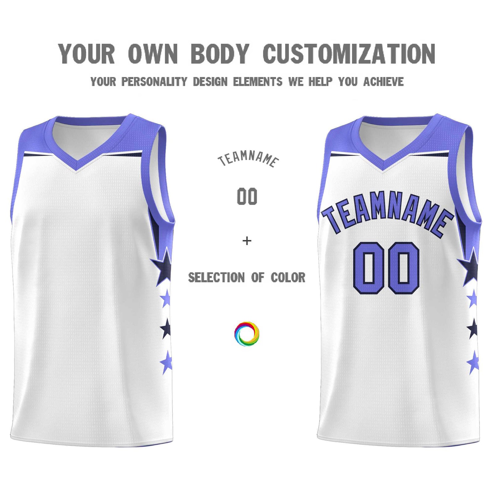 Custom Youth Basketball Uniform White Purple Two Tone Side Star Add Name Number & Logo