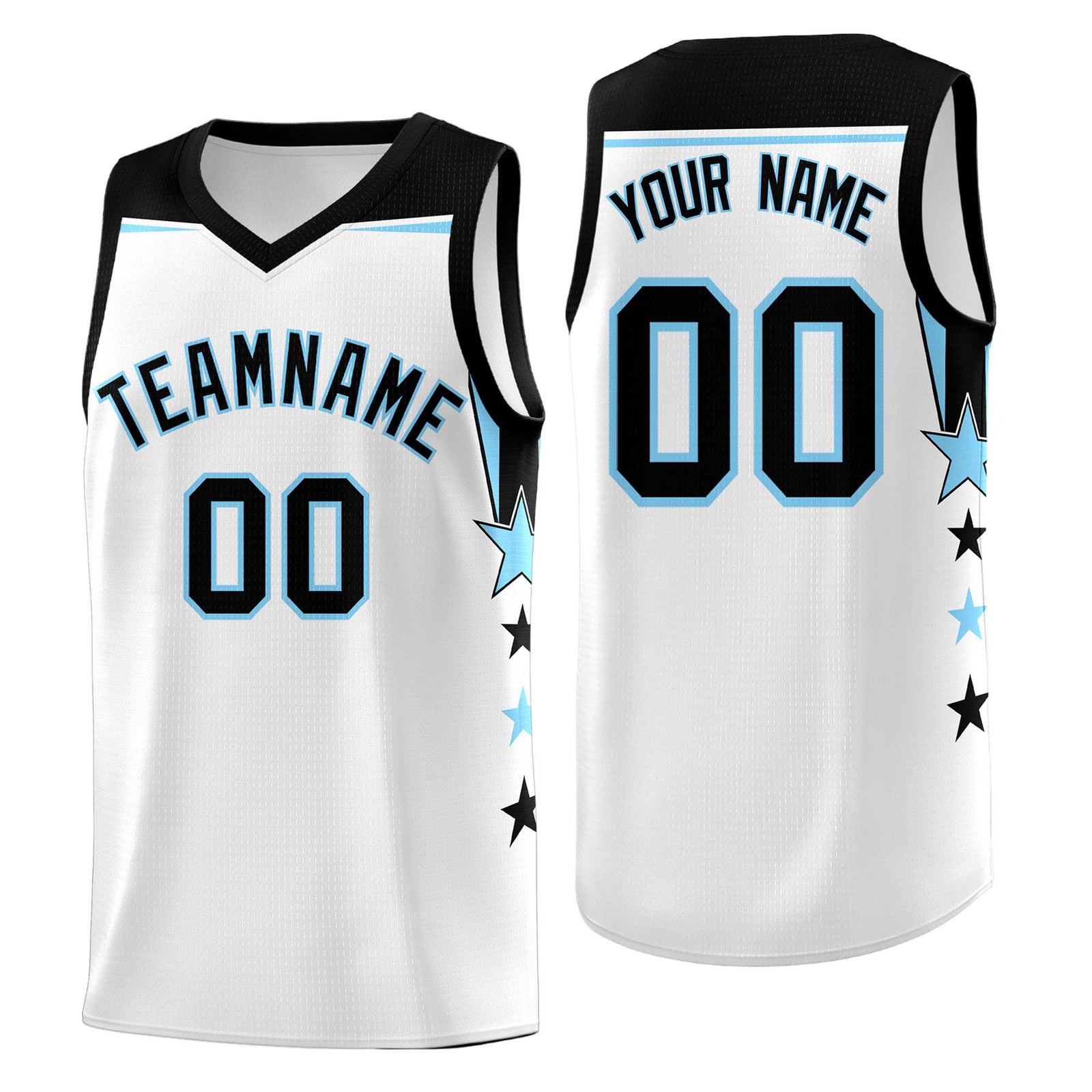 Custom Youth Basketball Uniform White Light Blue Two Tone Side Star Add Name Number & Logo