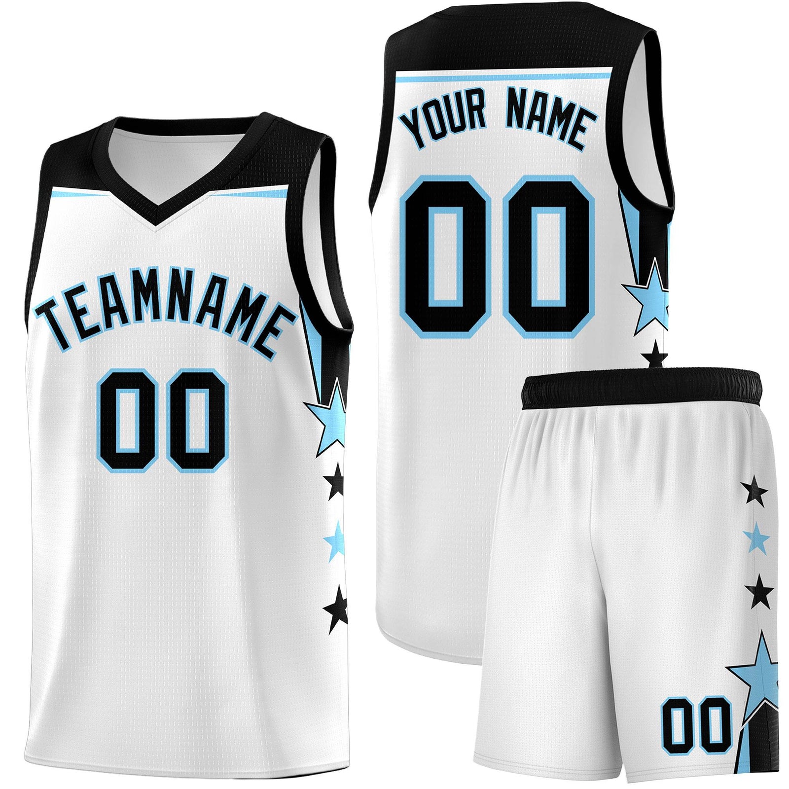 Custom Youth Basketball Uniform White Light Blue Two Tone Side Star Add Name Number & Logo