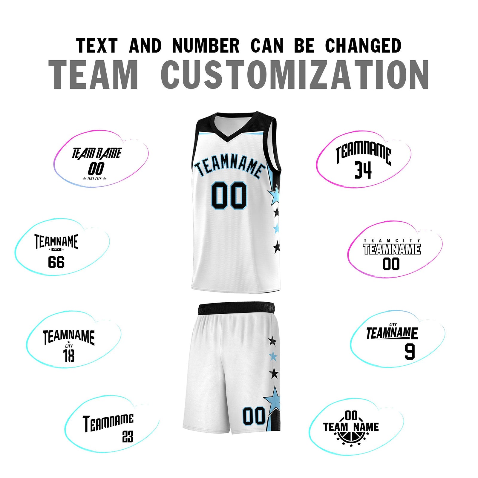 Custom Youth Basketball Uniform White Light Blue Two Tone Side Star Add Name Number & Logo