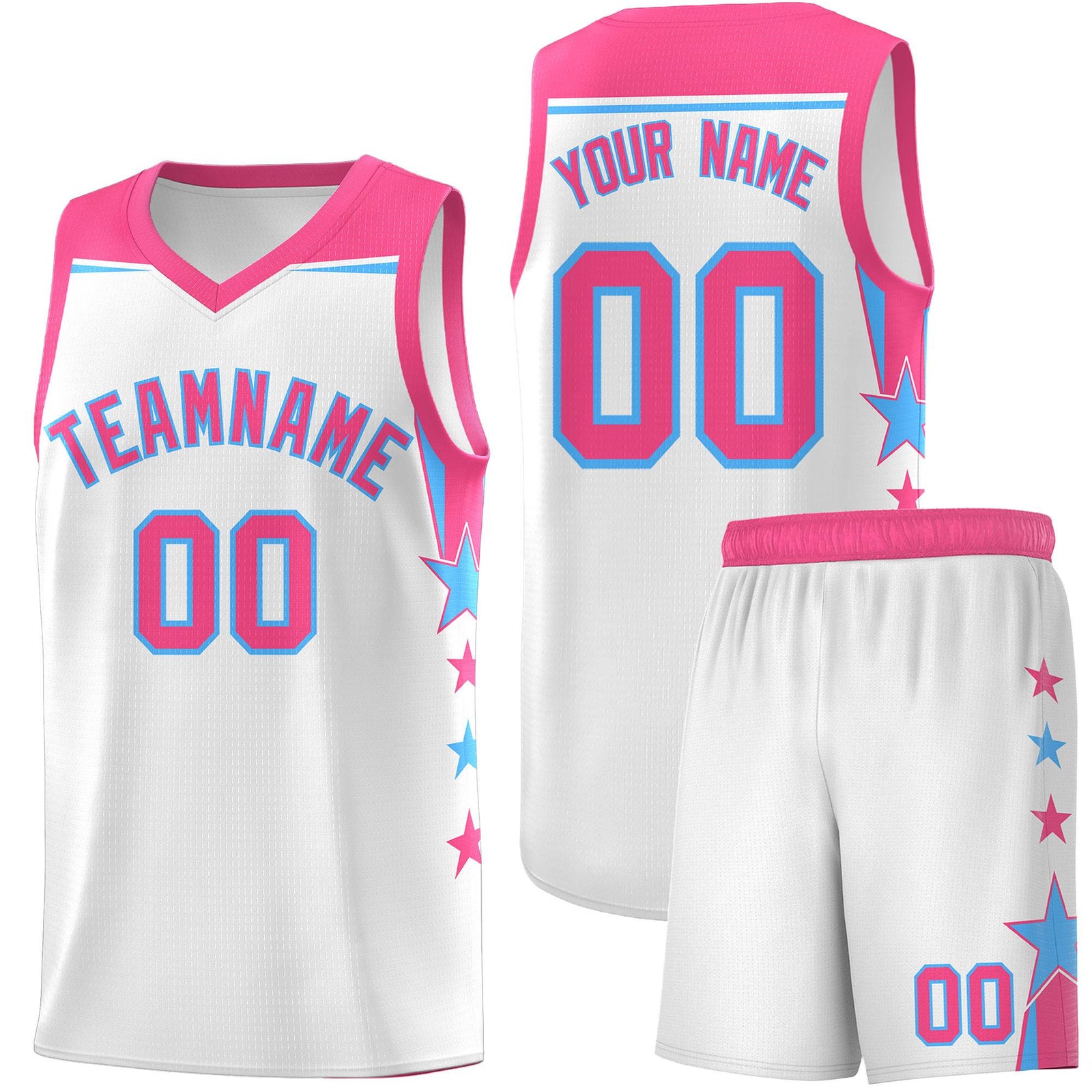 Custom Youth Basketball Uniform White Pink Two Tone Side Star Add Name Number & Logo
