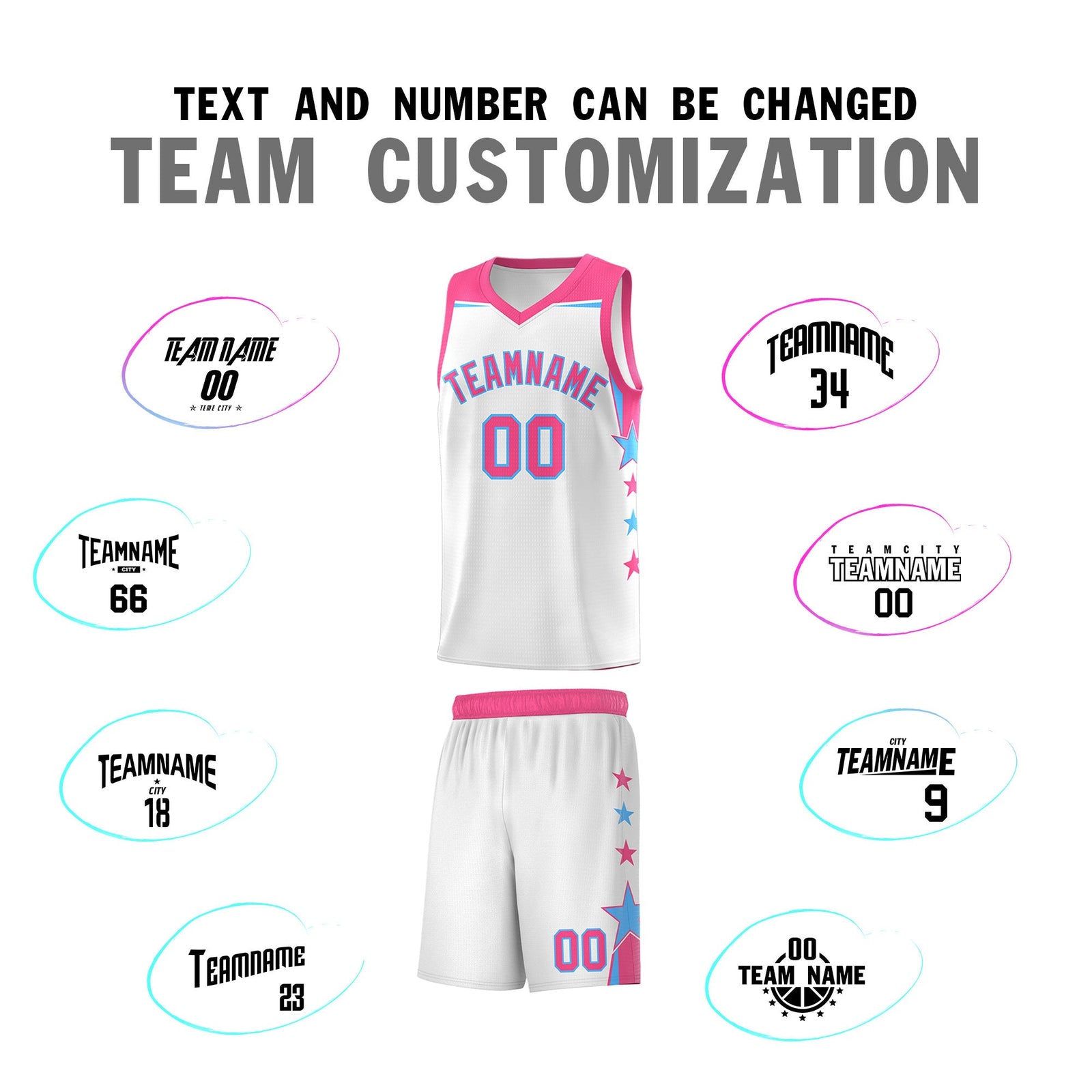 Custom Youth Basketball Uniform White Pink Two Tone Side Star Add Name Number & Logo