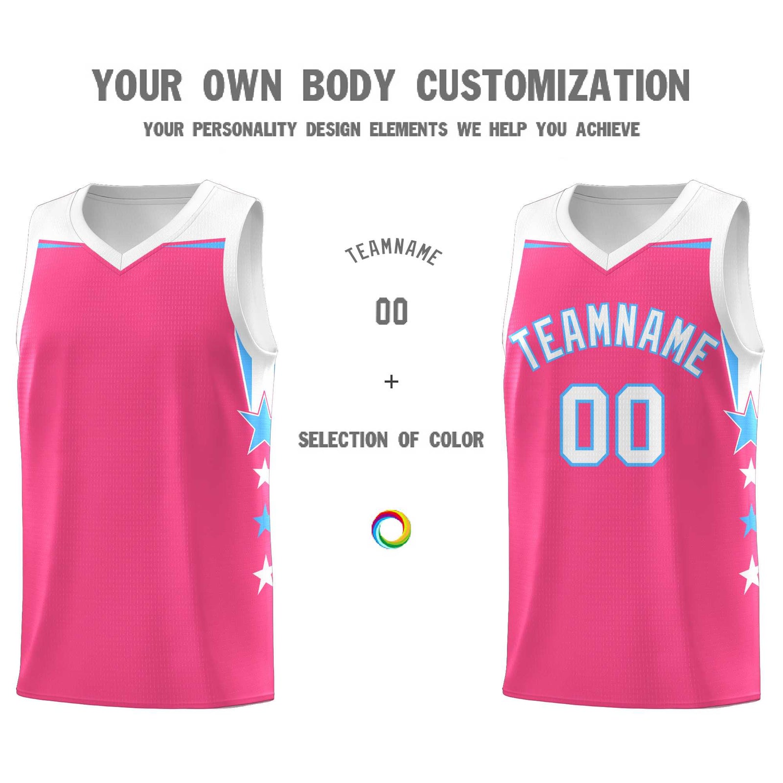 Custom Youth Basketball Uniform Pink White Two Tone Side Star Personalized Team Jersey