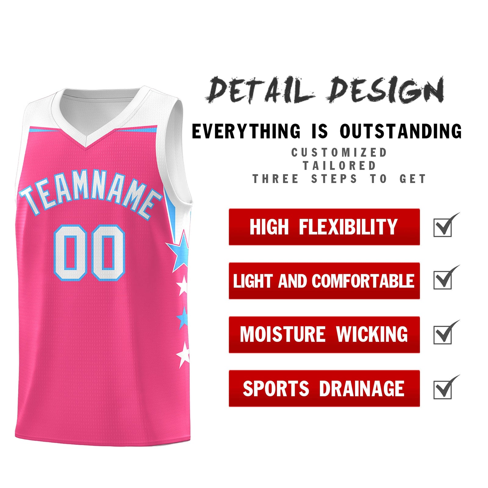 Custom Youth Basketball Uniform Pink White Two Tone Side Star Personalized Team Jersey