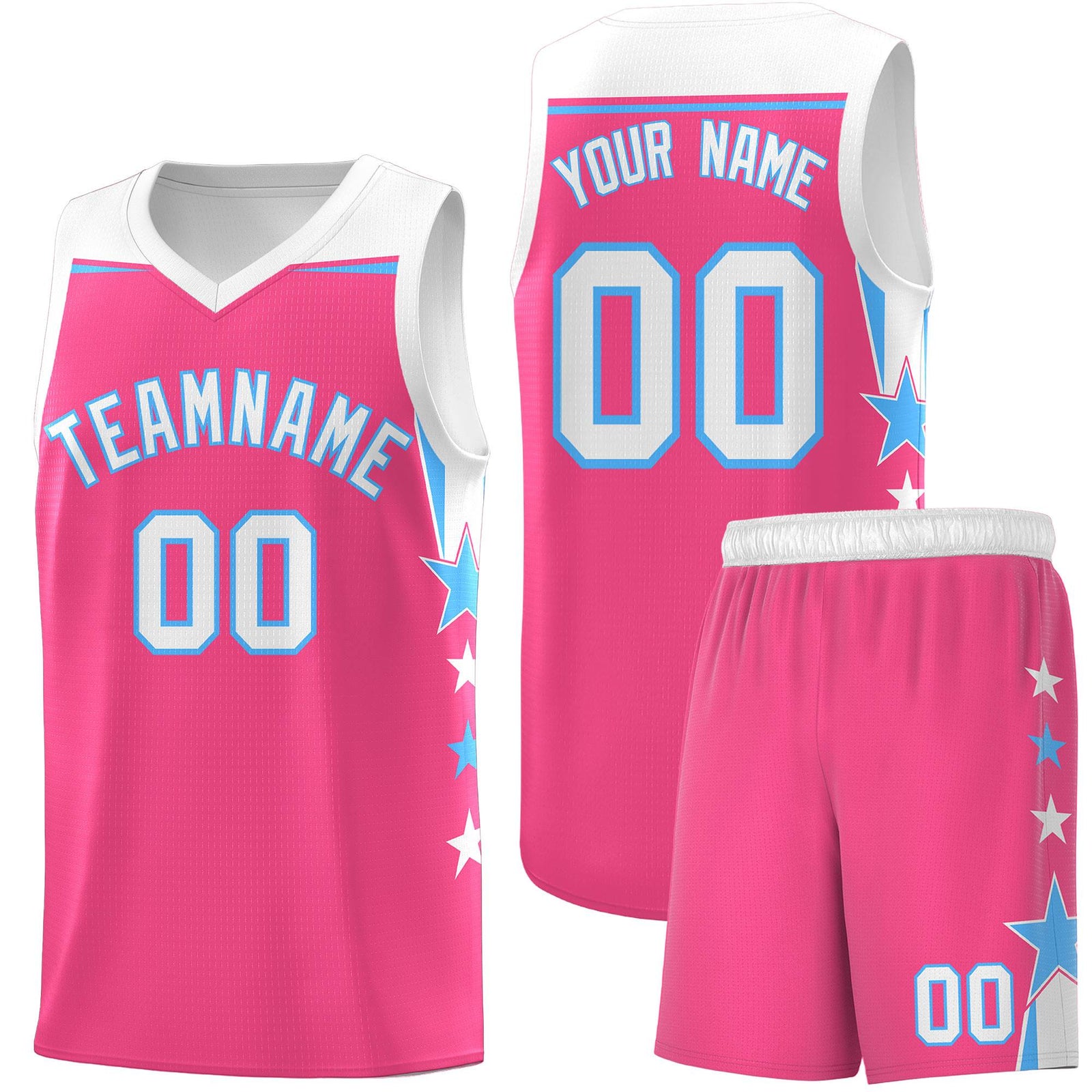 Custom Youth Basketball Uniform Pink White Two Tone Side Star Personalized Team Jersey