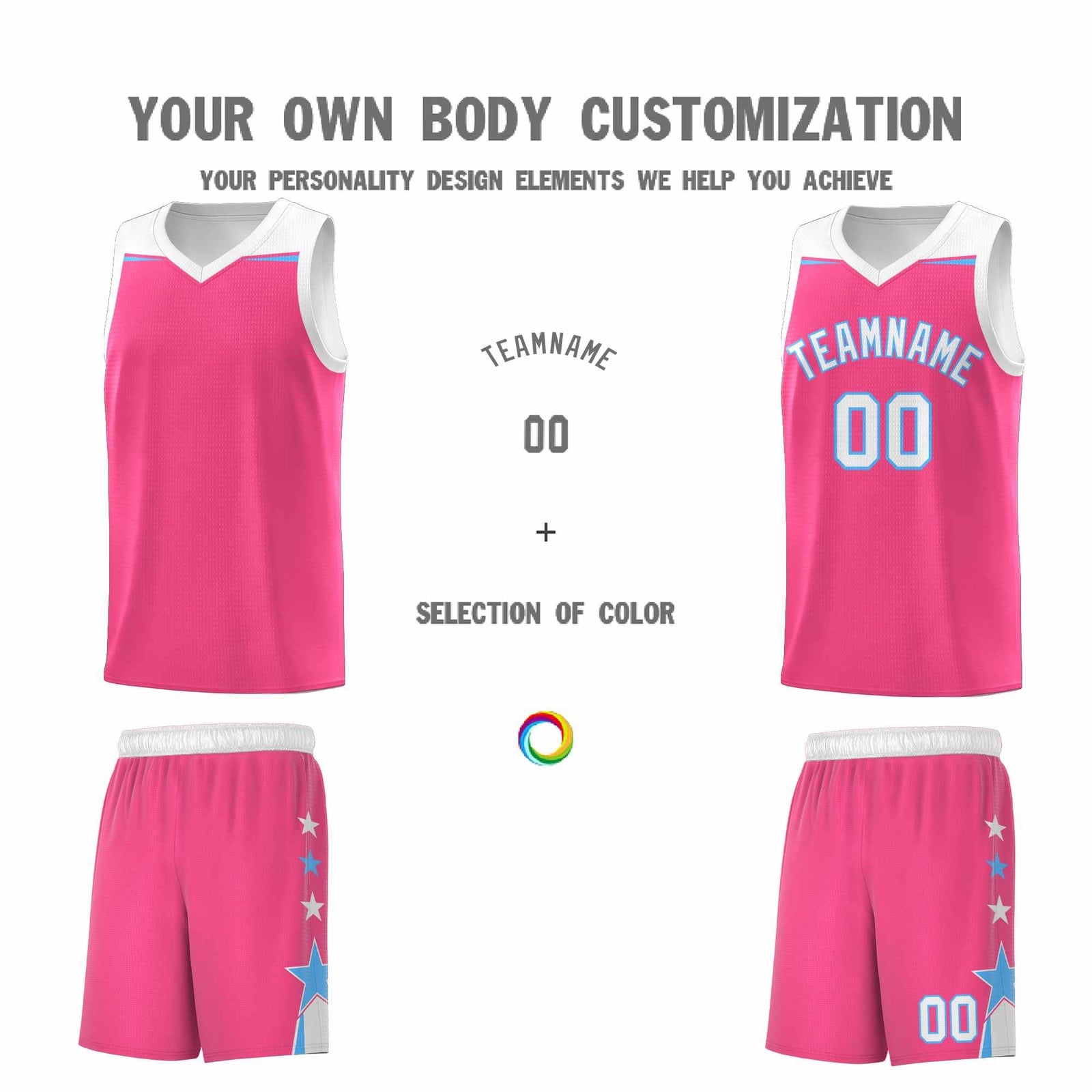 Custom Youth Basketball Uniform Pink White Two Tone Side Star Personalized Team Jersey