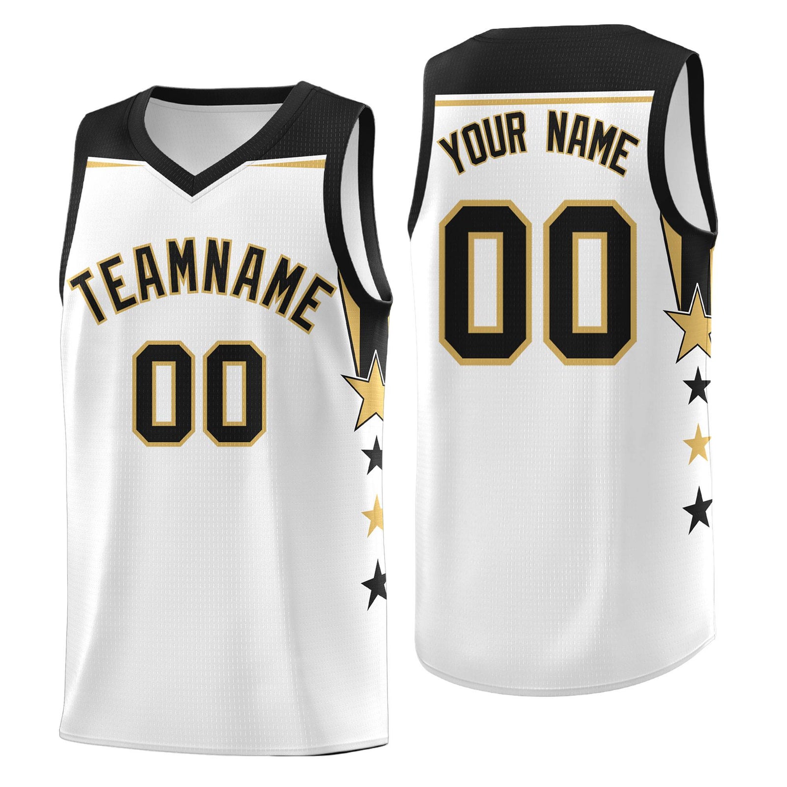 Custom Youth Basketball Uniform White Black Two Tone Side Star Add Name Number & Logo
